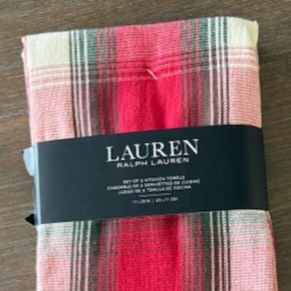 2 Ralph Lauren Red Green Cream Multi Tartan Plaid Christmas Kitchen Dish Towels - Picture 2 of 6